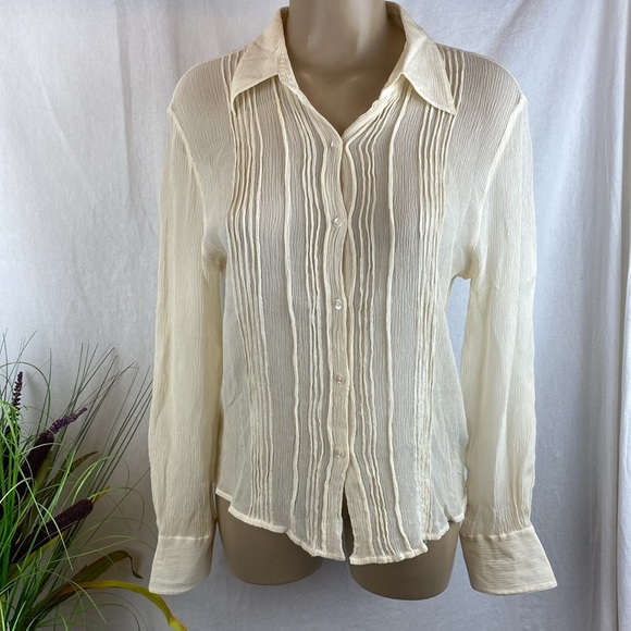 Kasper 100% Silk Ivory Pleat Front Button Up Long Sleeve Blouse Top 10 - Picture 1 of 4